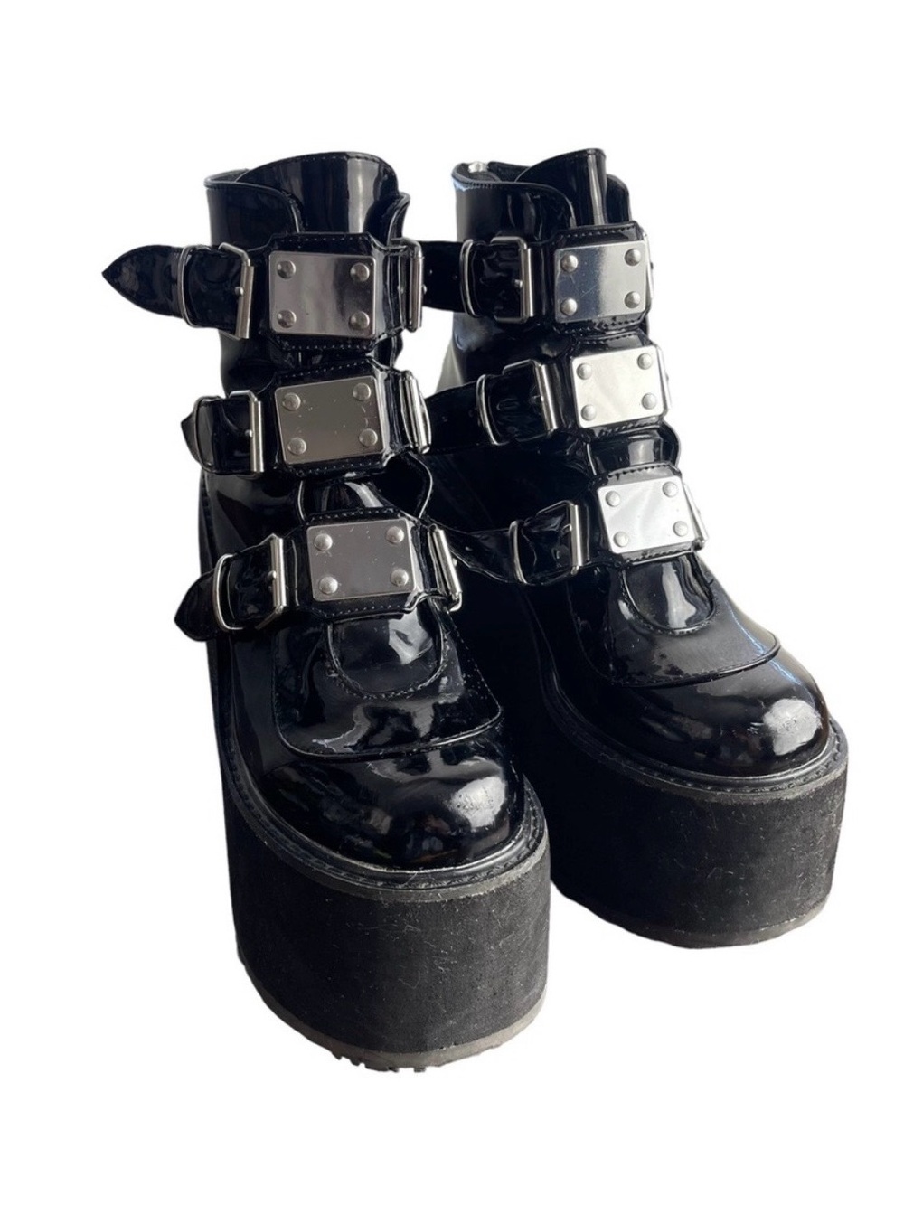 Demonia Black Swing Triple-Buckle Platform Ankle Boots